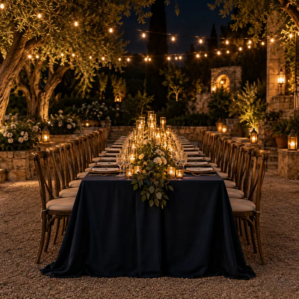 Mesa larga de banquete bajo luces cálidas de noche