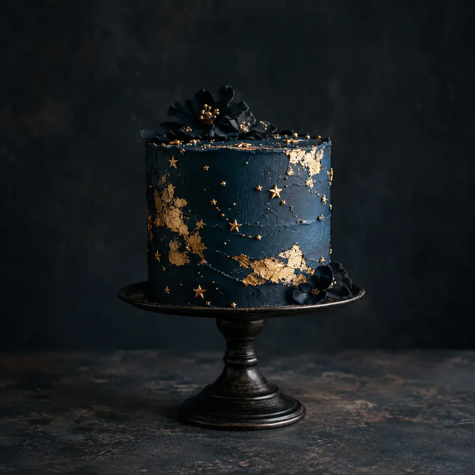 Pastel azul medianoche con hoja de oro y estrellas de azúcar