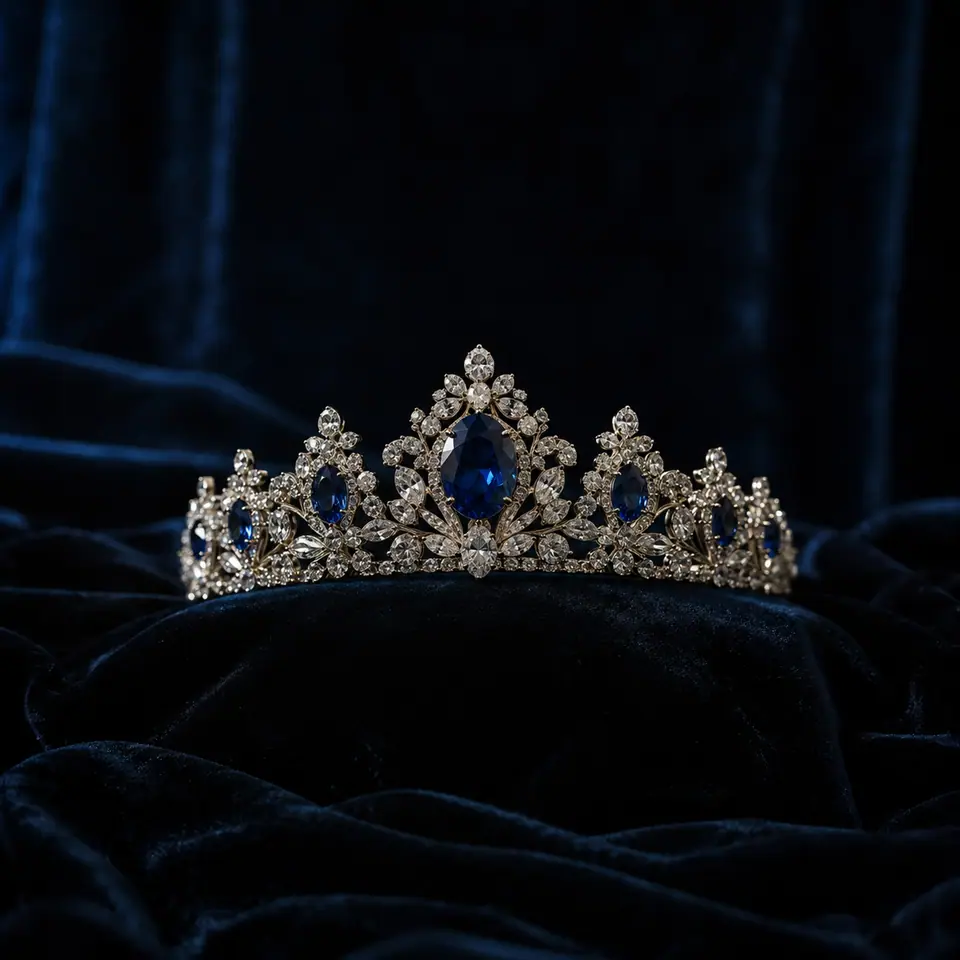 Tiara de cristales con piedras azules sobre terciopelo oscuro