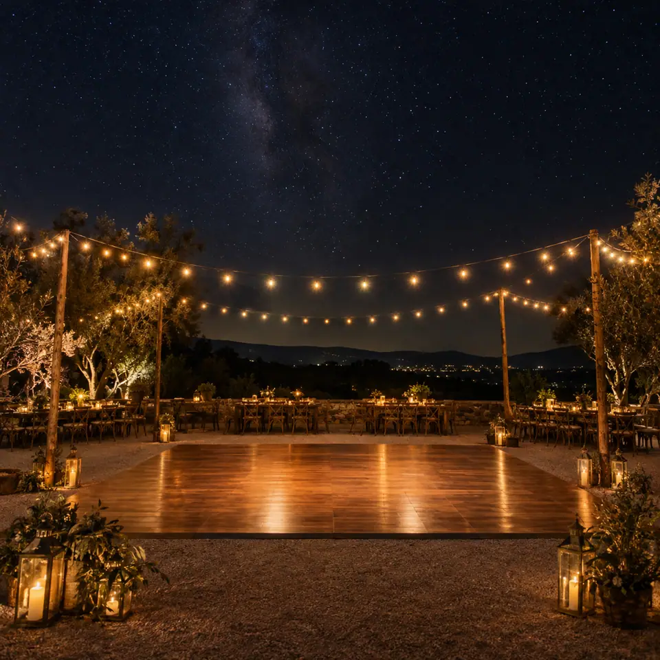 Salón al aire libre bajo el cielo de noche con la pista iluminada