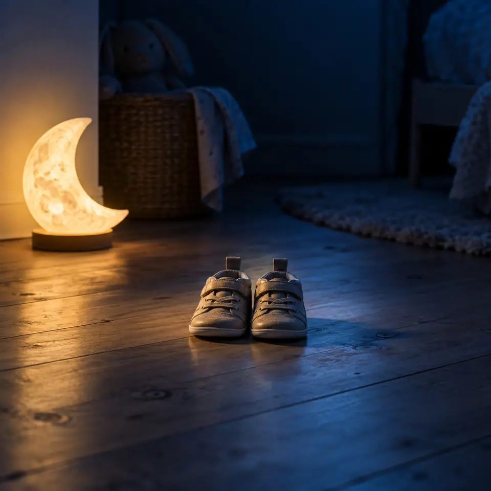 Zapatitos junto a una lámpara de noche en forma de luna