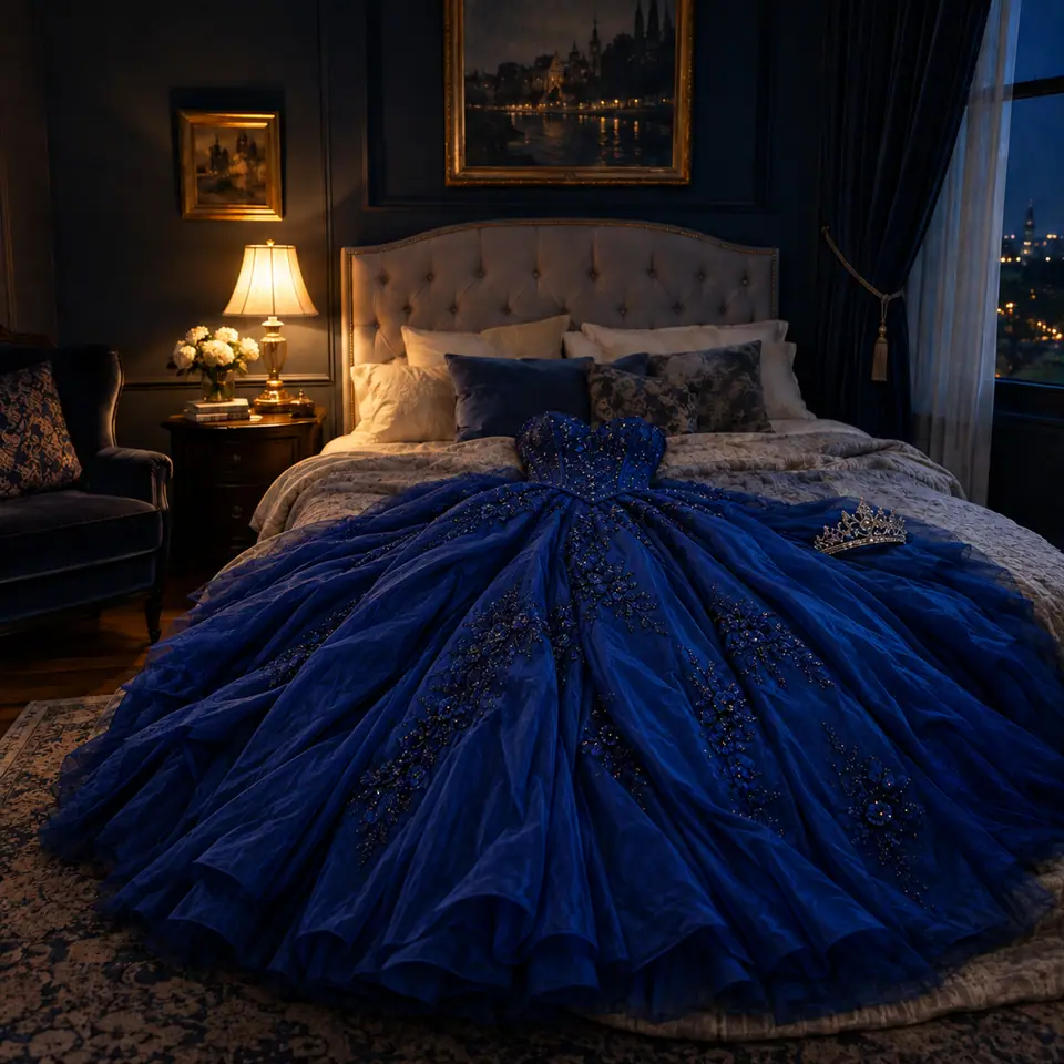 Vestido de gala azul rey sobre una cama con una tiara al lado