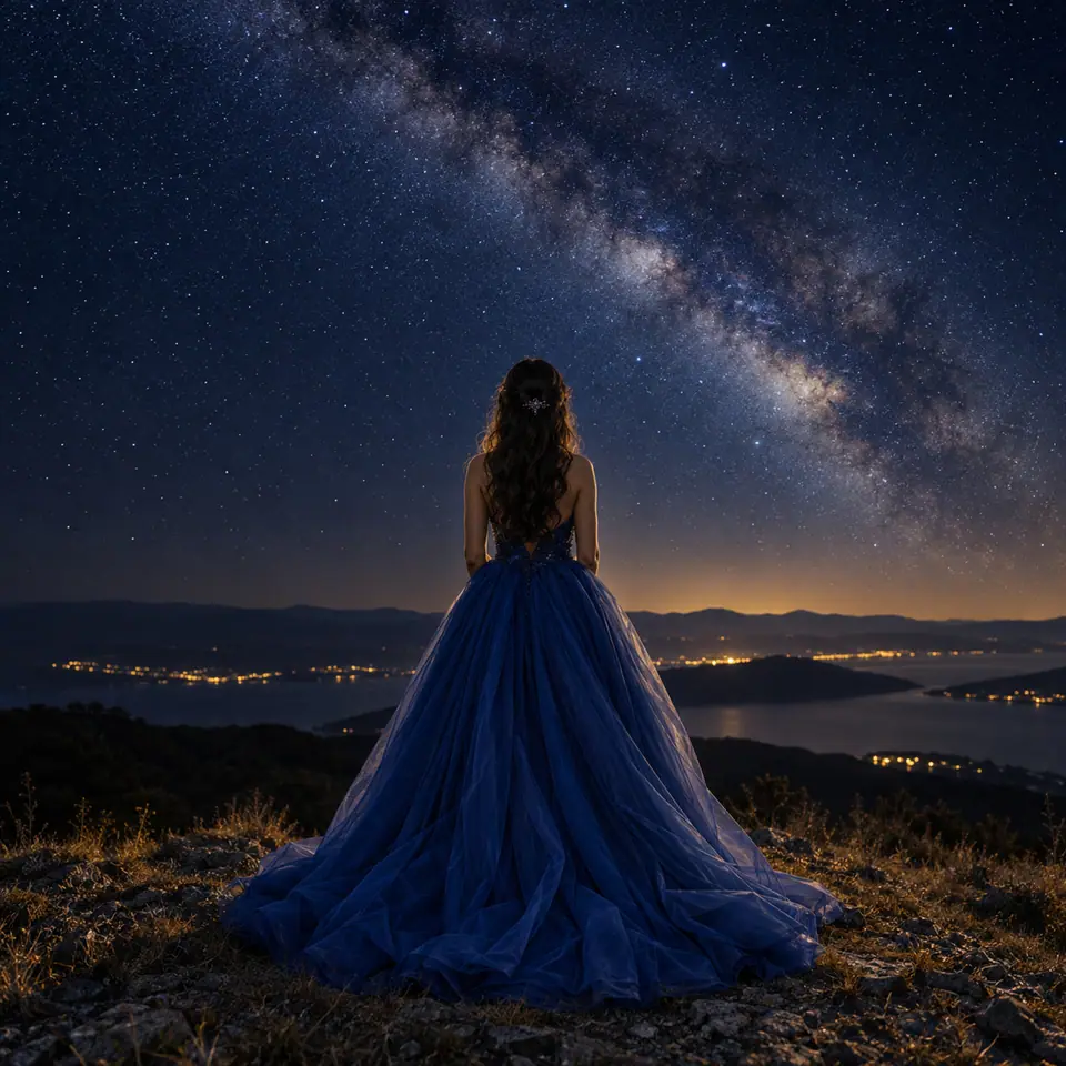 Vestido de gala azul rey bajo un cielo lleno de estrellas