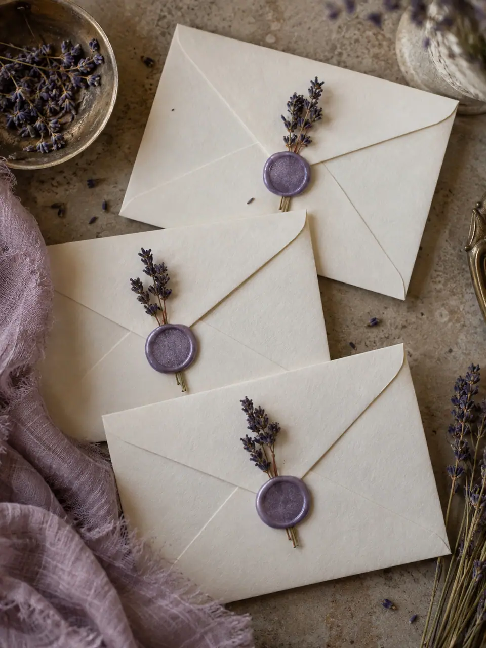 Sobres sellados con lacre lila y ramitas de lavanda