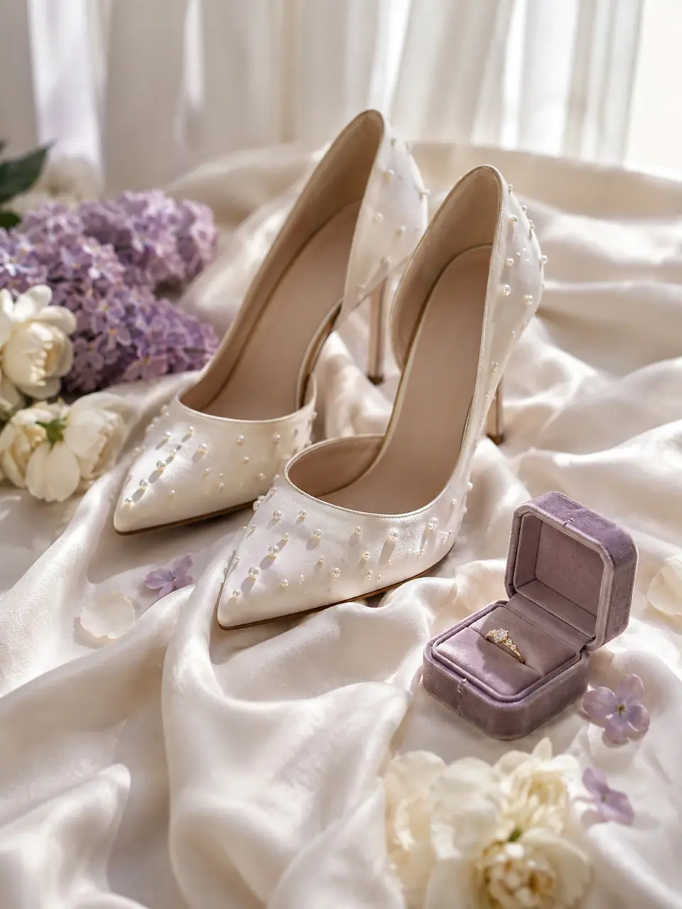 Zapatillas de satén con perlas junto a un estuche de anillo