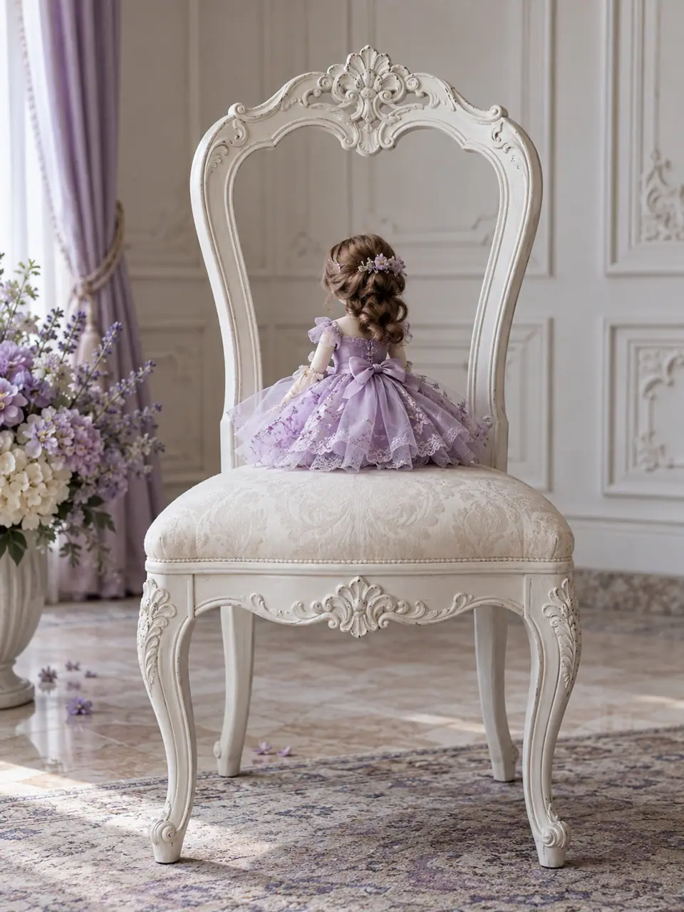 Muñeca de porcelana con un vestido lila