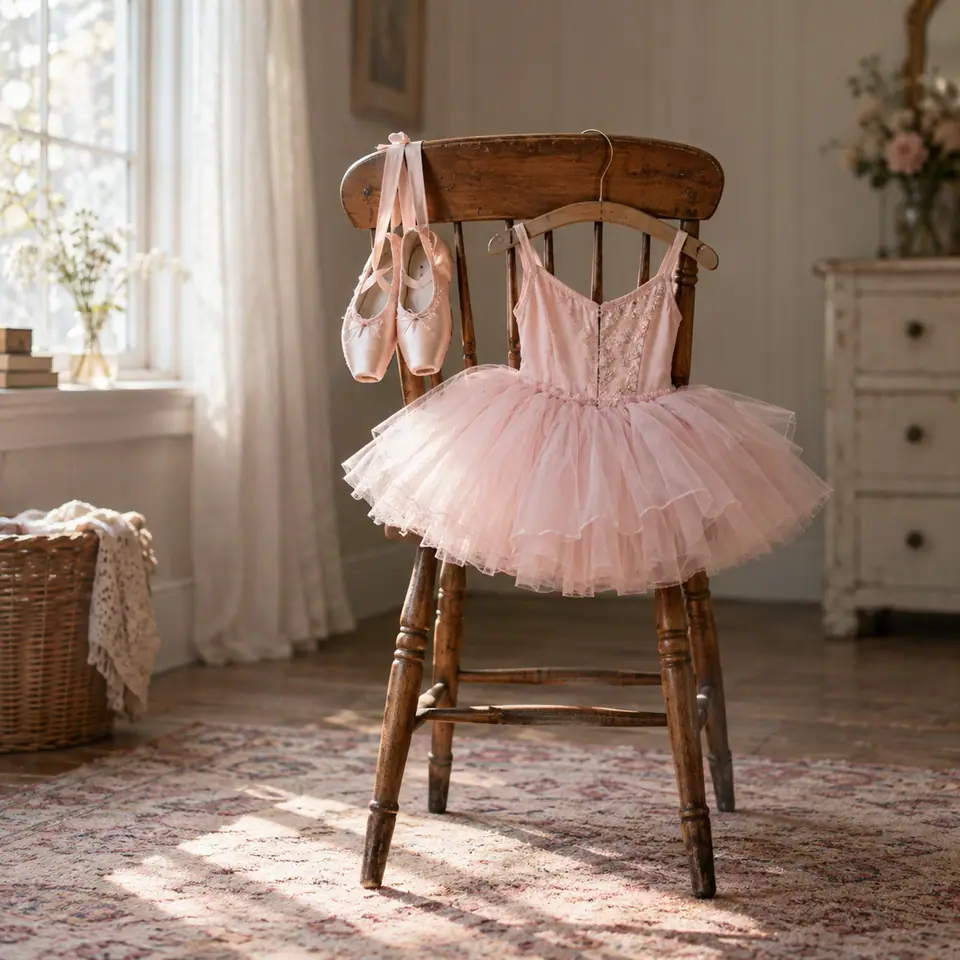 Zapatillas de ballet rosas y un tutú sobre una silla