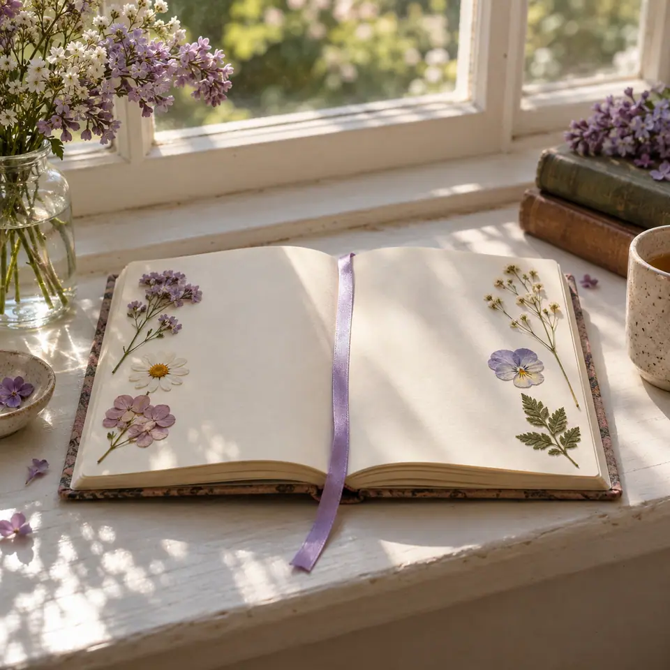 Diario abierto con flores prensadas y un listón lila