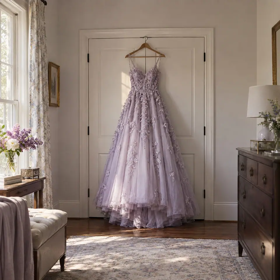 Vestido de gala lila colgado en una puerta