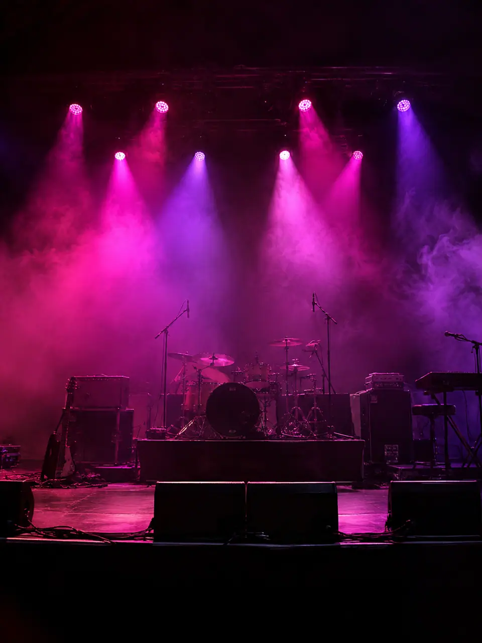 Reflectores rosas y violetas entre el humo del escenario