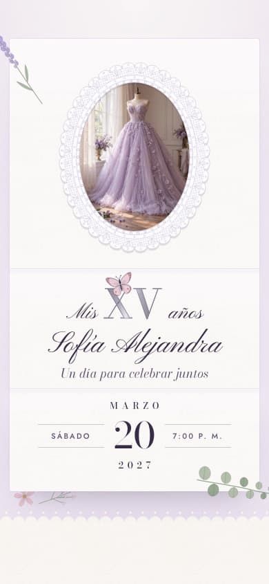 Portada del diseño Mariposa ya abierta, con datos de ejemplo
